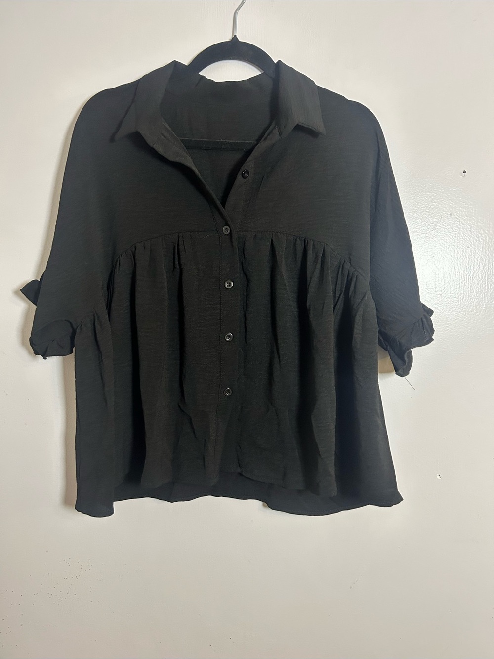 Black Button-Front Babydoll Shirt Blouse